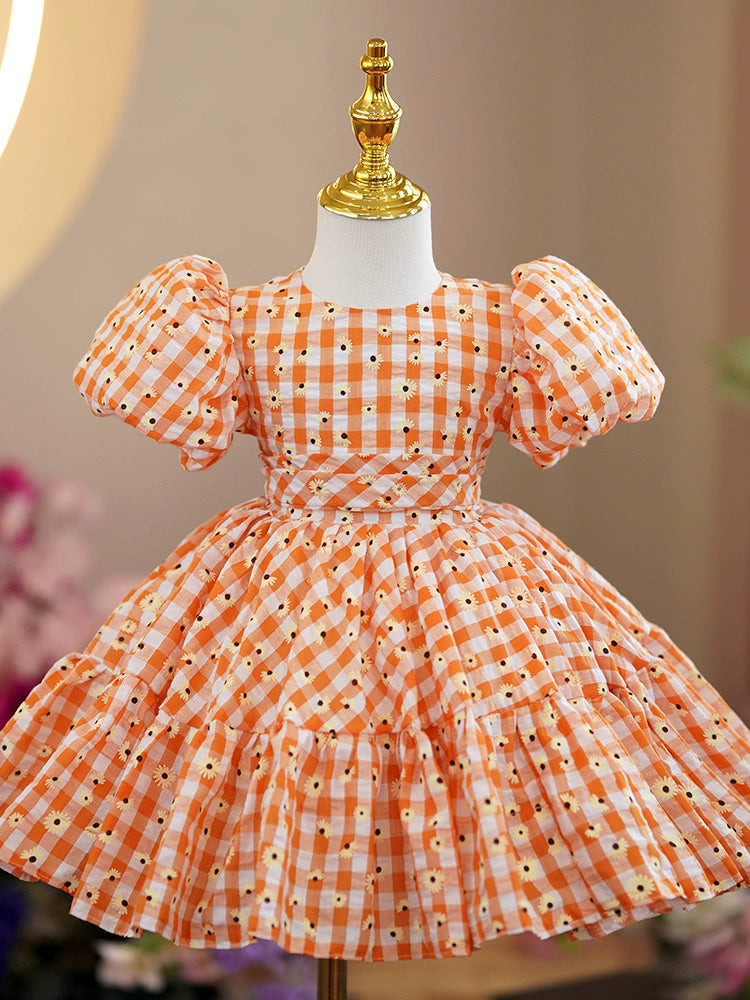 Princess Orange Cotton Back Zip Baptism Bow(s) Tea Length Short Sleeve Puff Sleeve Round Flower Girl Dress