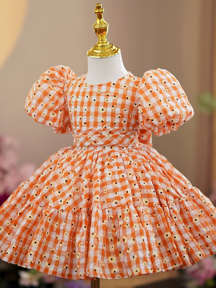 Princess Orange Cotton Back Zip Baptism Bow(s) Tea Length Short Sleeve Puff Sleeve Round Flower Girl Dress