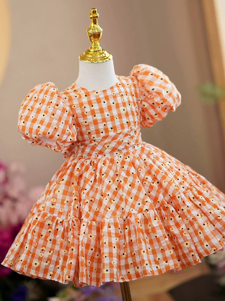 Princess Orange Cotton Back Zip Baptism Bow(s) Tea Length Short Sleeve Puff Sleeve Round Flower Girl Dress