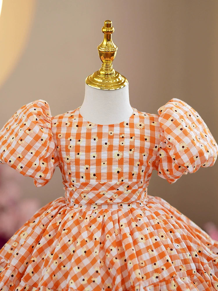 Princess Orange Cotton Back Zip Baptism Bow(s) Tea Length Short Sleeve Puff Sleeve Round Flower Girl Dress