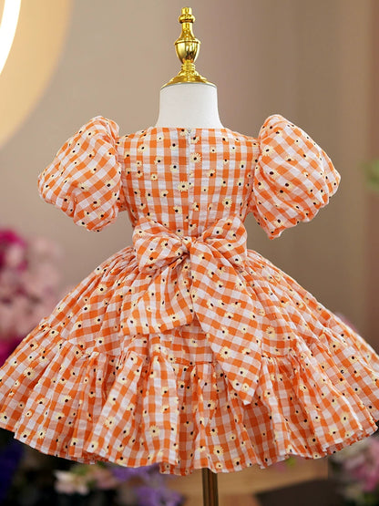 Princess Orange Cotton Back Zip Baptism Bow(s) Tea Length Short Sleeve Puff Sleeve Round Flower Girl Dress