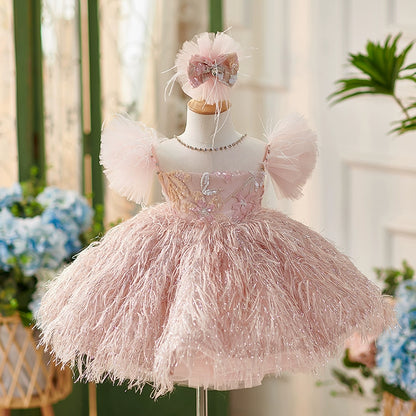 Princess Pink Lace Back Zip Baptism Lace Tea Length Short Sleeve Cap Sleeve Round Flower Girl Dress