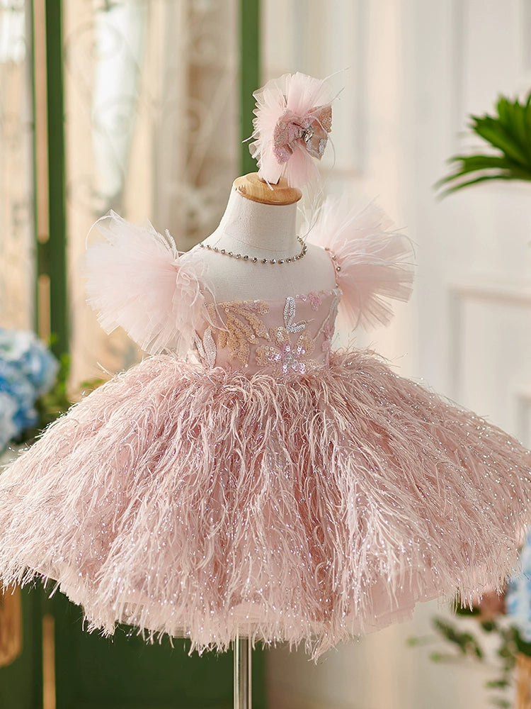 Princess Pink Lace Back Zip Baptism Lace Tea Length Short Sleeve Cap Sleeve Round Flower Girl Dress