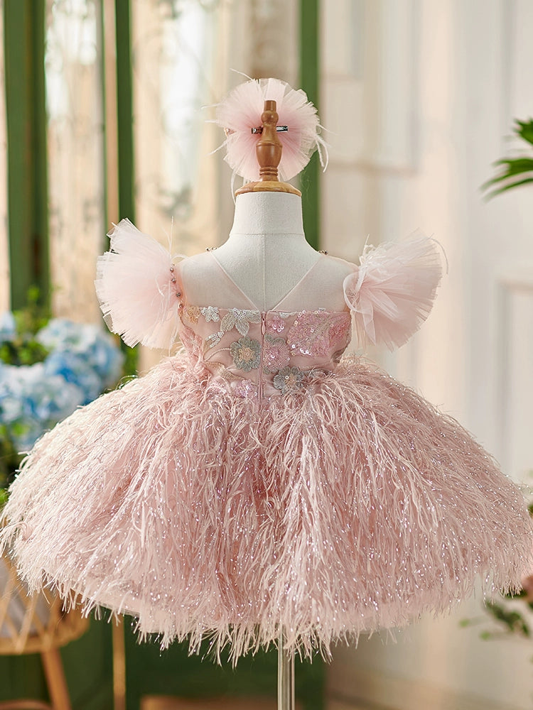 Princess Pink Lace Back Zip Baptism Lace Tea Length Short Sleeve Cap Sleeve Round Flower Girl Dress