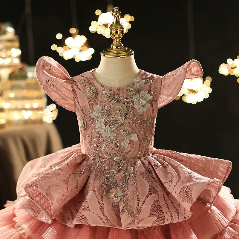 Princess Pink Lace Back Zip Baptism Lace Tea Length Short Sleeve Cap Sleeve Round Flower Girl Dress