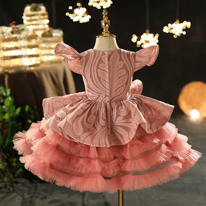 Princess Pink Lace Back Zip Baptism Lace Tea Length Short Sleeve Cap Sleeve Round Flower Girl Dress