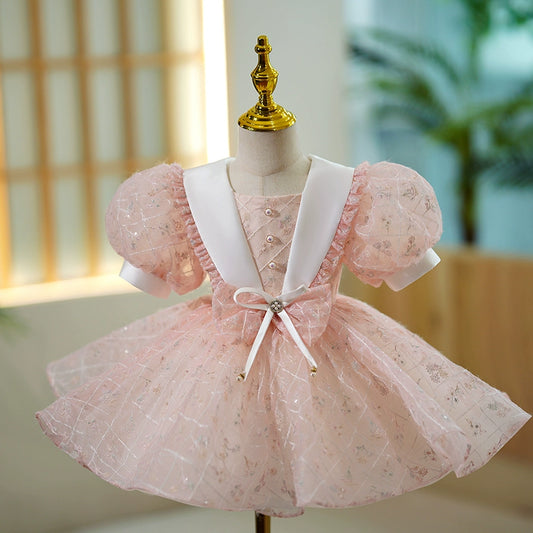 Princess Pink Lace Back Zip Baptism Lace Tea Length Short Sleeve Puff Sleeve Scoop Flower Girl Dress