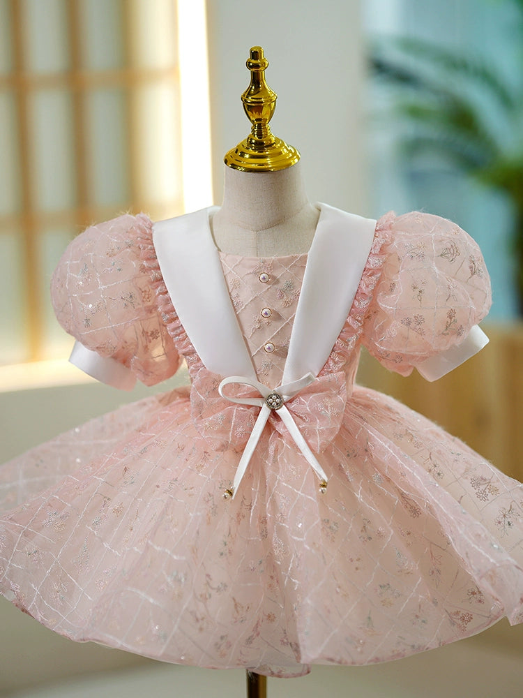 Princess Pink Lace Back Zip Baptism Lace Tea Length Short Sleeve Puff Sleeve Scoop Flower Girl Dress