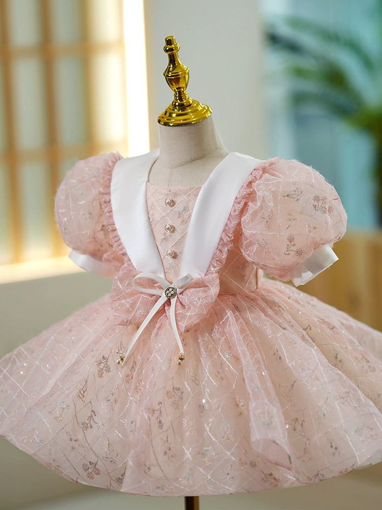 Princess Pink Lace Back Zip Baptism Lace Tea Length Short Sleeve Puff Sleeve Scoop Flower Girl Dress