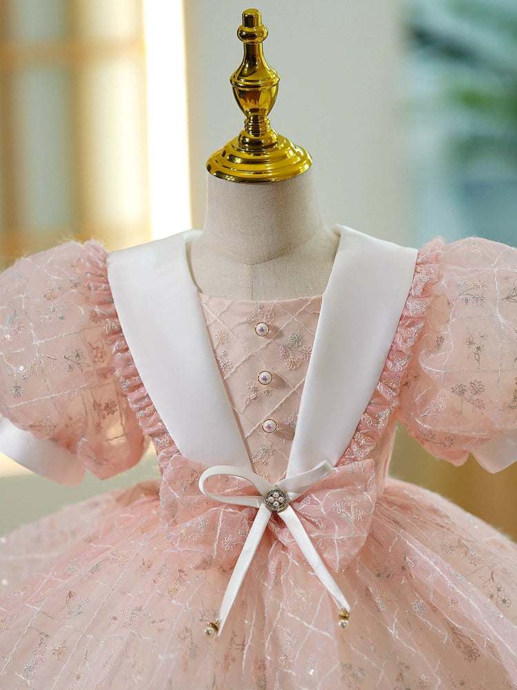 Princess Pink Lace Back Zip Baptism Lace Tea Length Short Sleeve Puff Sleeve Scoop Flower Girl Dress