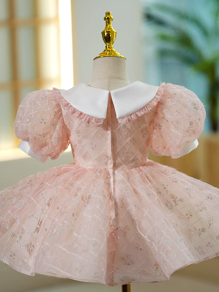 Princess Pink Lace Back Zip Baptism Lace Tea Length Short Sleeve Puff Sleeve Scoop Flower Girl Dress