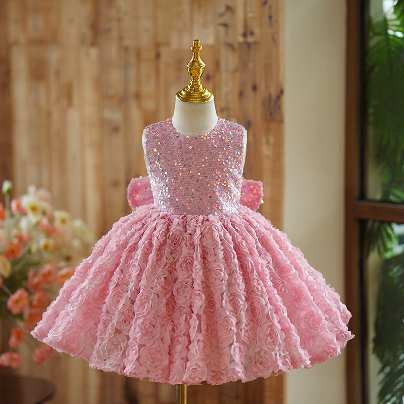 Princess Pink Lace Back Zip Baptism Lace Tea Length Sleeveless Round Flower Girl Dress