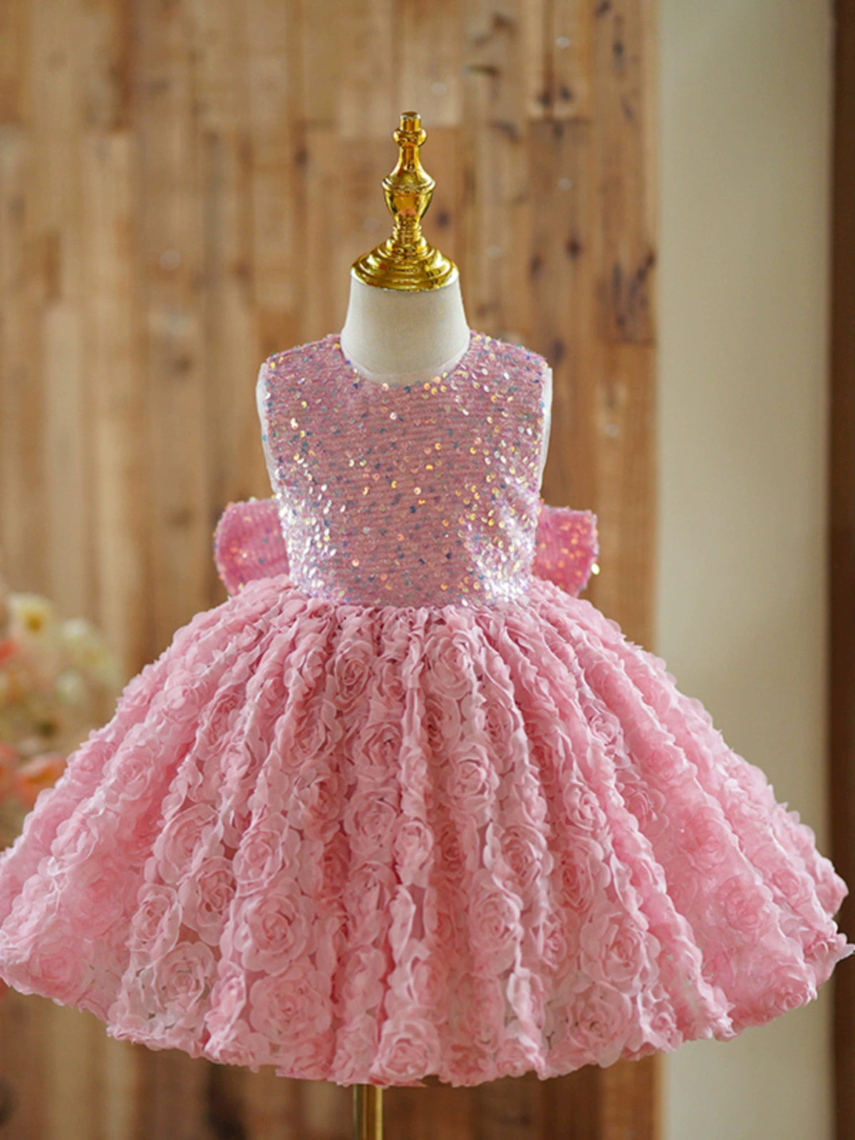 Princess Pink Lace Back Zip Baptism Lace Tea Length Sleeveless Round Flower Girl Dress