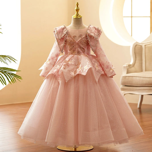 Princess Pink Lace Crossed Straps Baptism Lace Floor Length Long Sleeve Round Flower Girl Dress