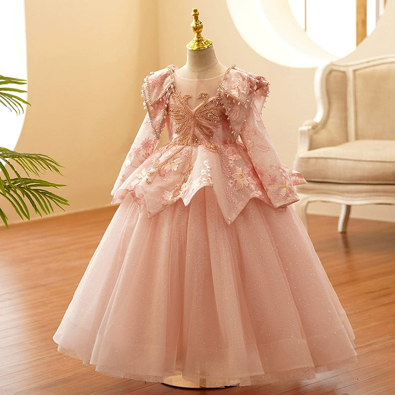 Princess Pink Lace Crossed Straps Baptism Lace Floor Length Long Sleeve Round Flower Girl Dress