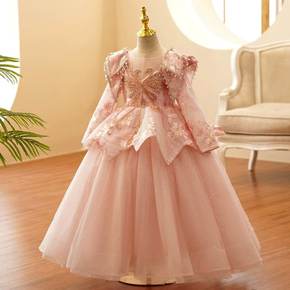 Princess Pink Lace Crossed Straps Baptism Lace Floor Length Long Sleeve Round Flower Girl Dress