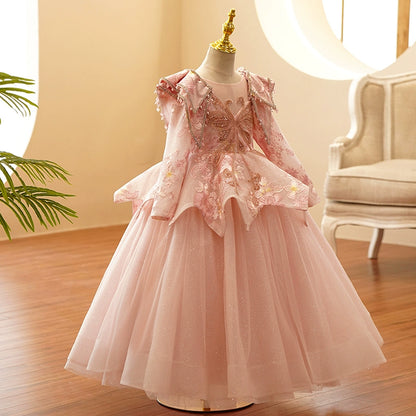 Princess Pink Lace Crossed Straps Baptism Lace Floor Length Long Sleeve Round Flower Girl Dress