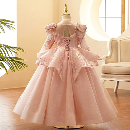 Princess Pink Lace Crossed Straps Baptism Lace Floor Length Long Sleeve Round Flower Girl Dress