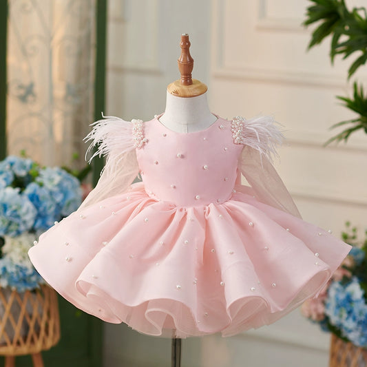 Princess Pink Organza Back Zip Baptism Beaded Tea Length Long Sleeve Round Flower Girl Dress