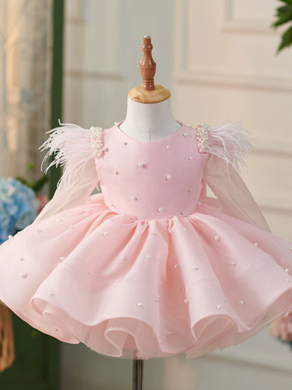 Princess Pink Organza Back Zip Baptism Beaded Tea Length Long Sleeve Round Flower Girl Dress