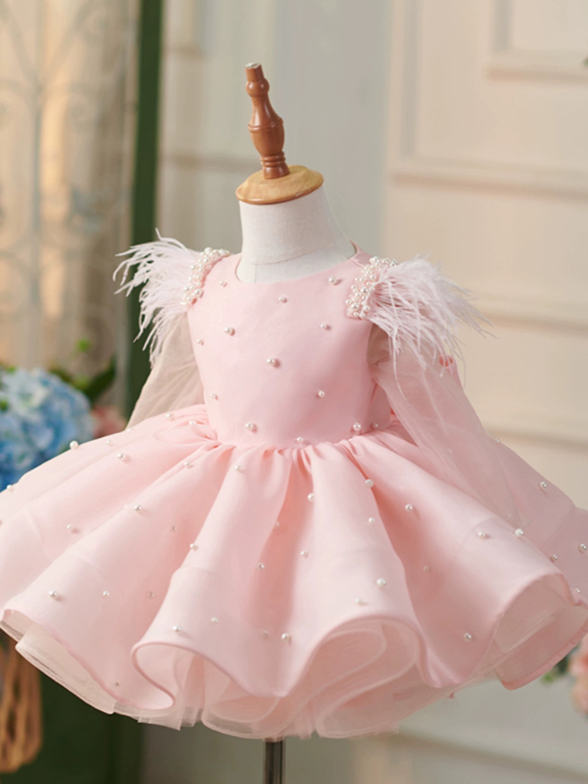 Princess Pink Organza Back Zip Baptism Beaded Tea Length Long Sleeve Round Flower Girl Dress