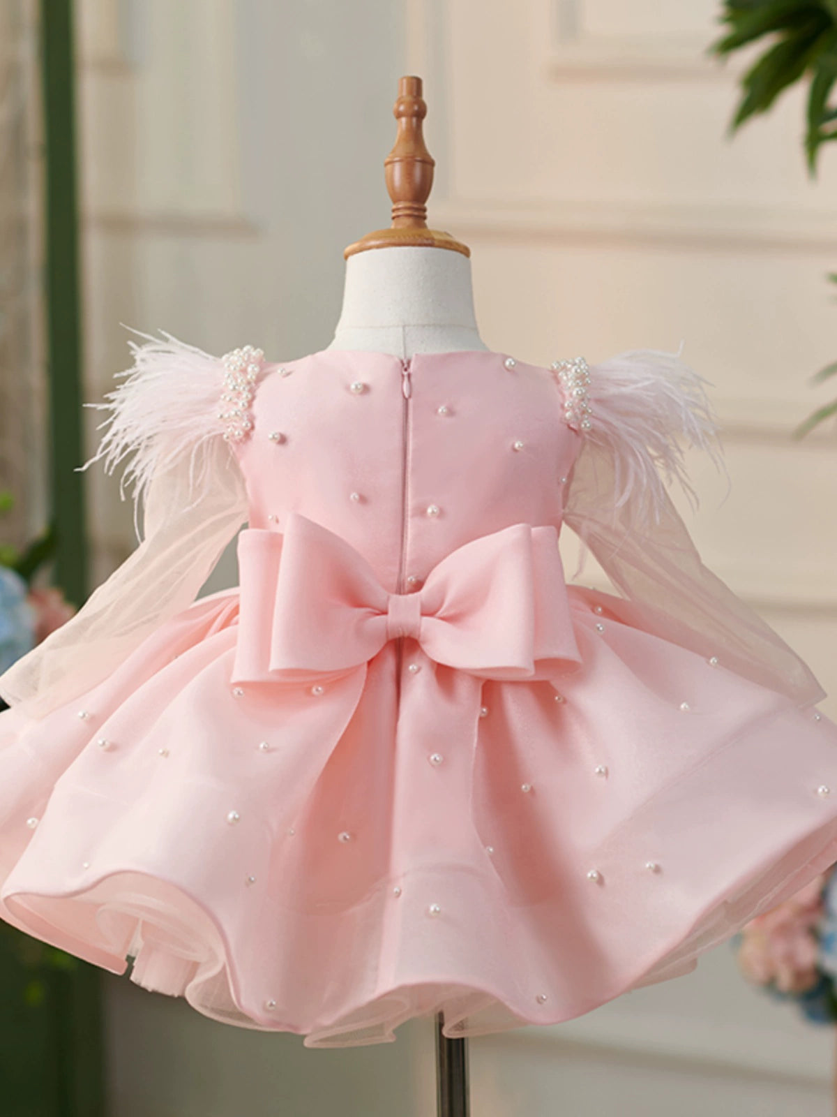 Princess Pink Organza Back Zip Baptism Beaded Tea Length Long Sleeve Round Flower Girl Dress