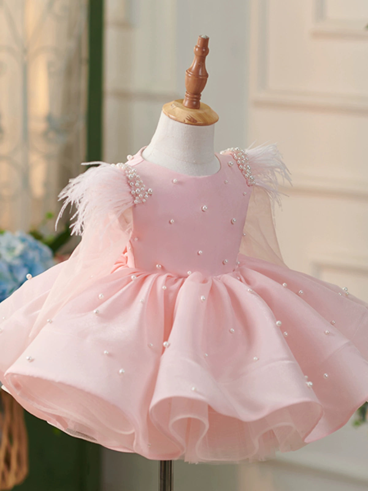 Princess Pink Organza Back Zip Baptism Beaded Tea Length Long Sleeve Round Flower Girl Dress