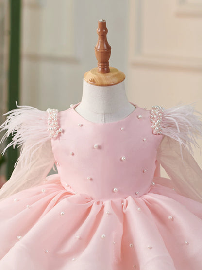 Princess Pink Organza Back Zip Baptism Beaded Tea Length Long Sleeve Round Flower Girl Dress