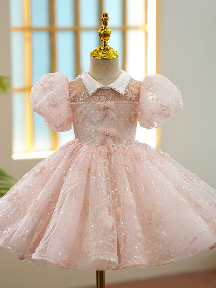 Princess Pink Organza Back Zip Baptism Flower(s) Tea Length Short Sleeve Puff Sleeve Collared Neck Flower Girl Dress