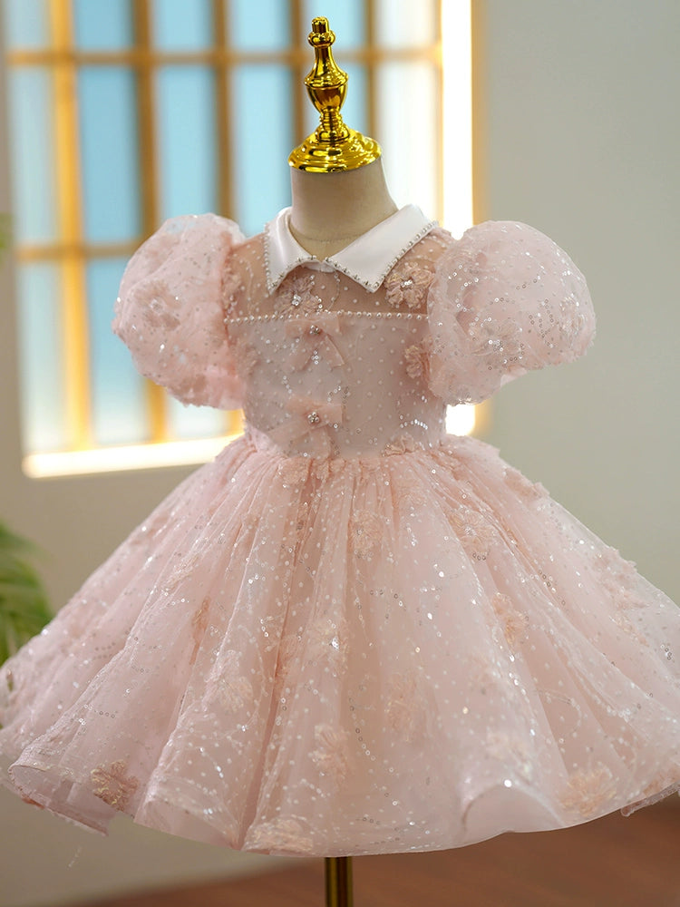 Princess Pink Organza Back Zip Baptism Flower(s) Tea Length Short Sleeve Puff Sleeve Collared Neck Flower Girl Dress