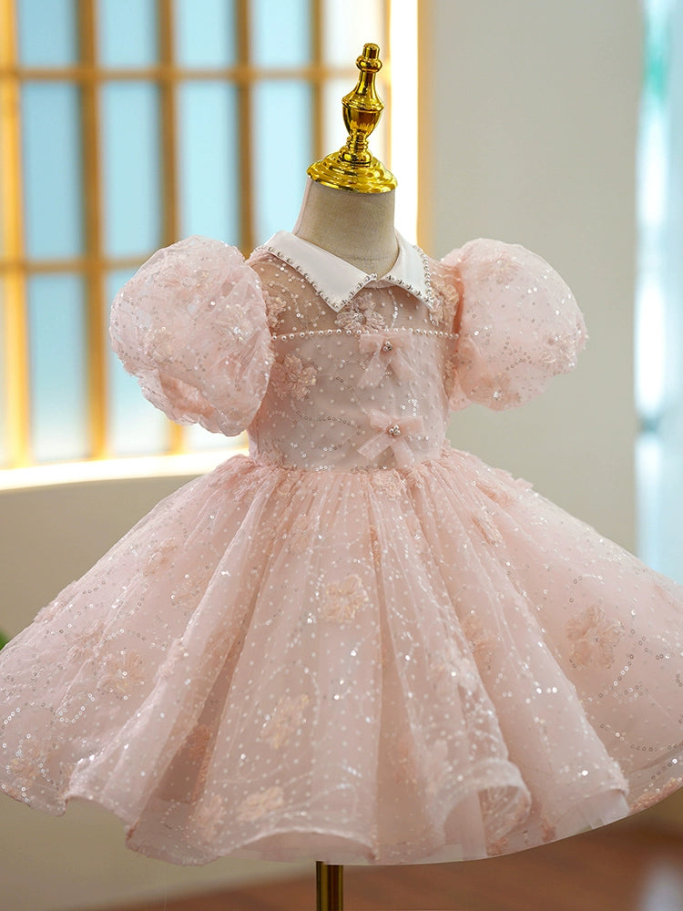 Princess Pink Organza Back Zip Baptism Flower(s) Tea Length Short Sleeve Puff Sleeve Collared Neck Flower Girl Dress