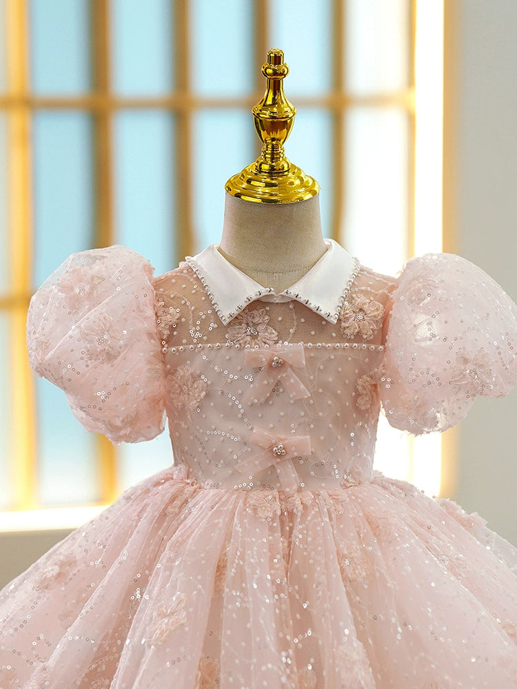 Princess Pink Organza Back Zip Baptism Flower(s) Tea Length Short Sleeve Puff Sleeve Collared Neck Flower Girl Dress