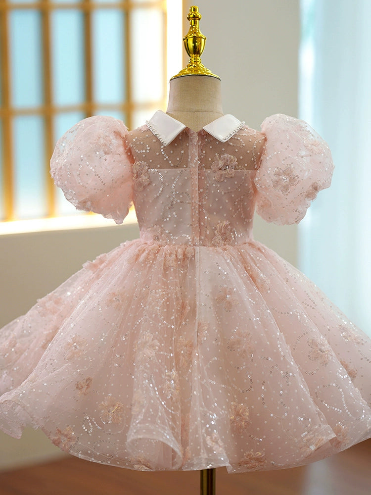 Princess Pink Organza Back Zip Baptism Flower(s) Tea Length Short Sleeve Puff Sleeve Collared Neck Flower Girl Dress
