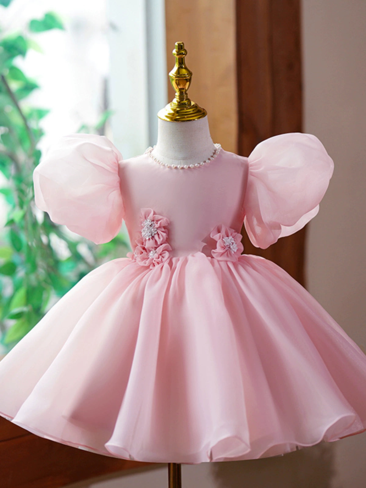 Princess Pink Organza Back Zip Baptism Flower(s) Tea Length Short Sleeve Puff Sleeve Jewel Neck Flower Girl Dress
