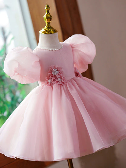 Princess Pink Organza Back Zip Baptism Flower(s) Tea Length Short Sleeve Puff Sleeve Jewel Neck Flower Girl Dress