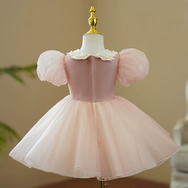 Princess Pink Organza Back Zip Baptism Lace Short Sleeve Puff Sleeve Collared Neck Flower Girl Dress