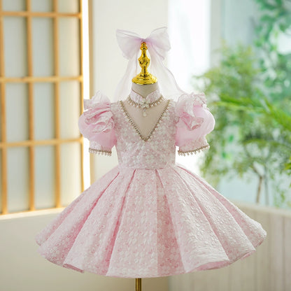 Princess Pink Satin Back Zip Baptism Beaded Tea Length Short Sleeve Puff Sleeve Mock Neck Flower Girl Dress