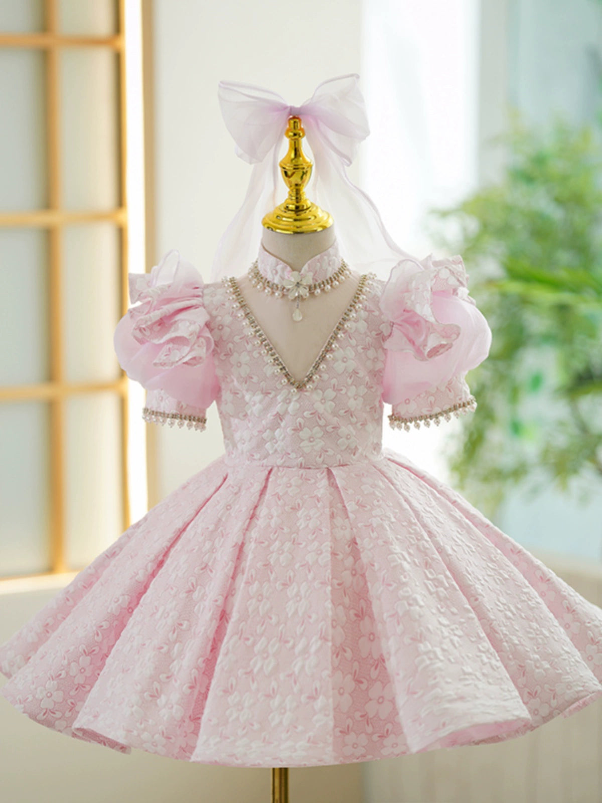 Princess Pink Satin Back Zip Baptism Beaded Tea Length Short Sleeve Puff Sleeve Mock Neck Flower Girl Dress