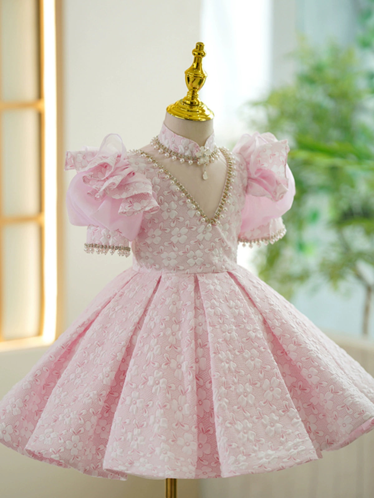 Princess Pink Satin Back Zip Baptism Beaded Tea Length Short Sleeve Puff Sleeve Mock Neck Flower Girl Dress