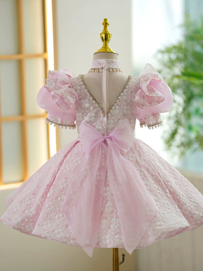 Princess Pink Satin Back Zip Baptism Beaded Tea Length Short Sleeve Puff Sleeve Mock Neck Flower Girl Dress