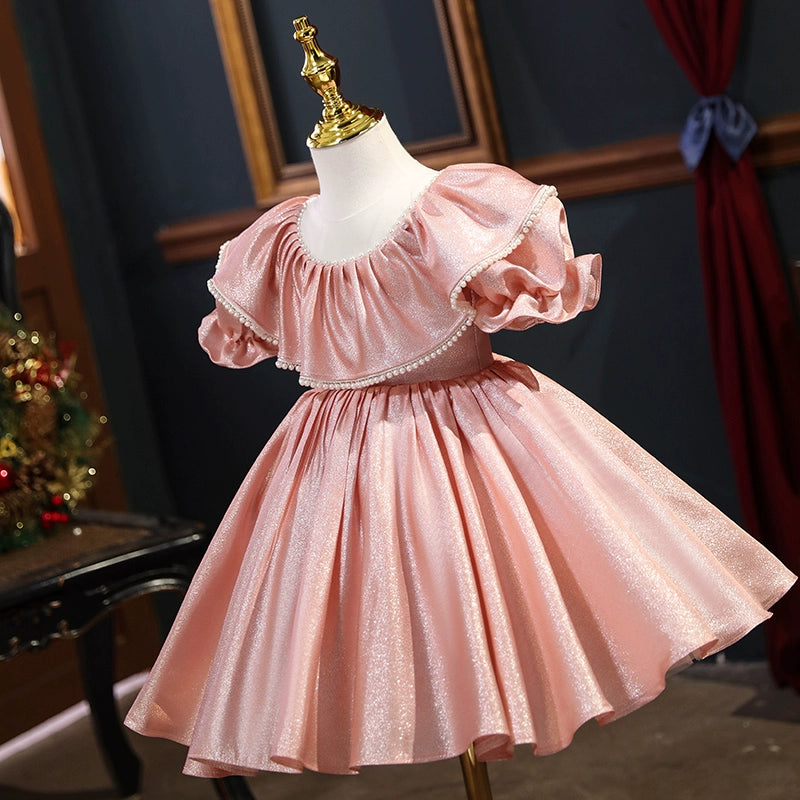 Princess Pink Satin Back Zip Baptism Beaded Tea Length Short Sleeve Puff Sleeve Scoop Flower Girl Dress