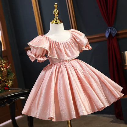 Princess Pink Satin Back Zip Baptism Beaded Tea Length Short Sleeve Puff Sleeve Scoop Flower Girl Dress