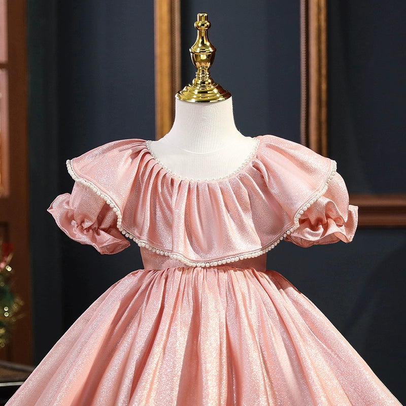 Princess Pink Satin Back Zip Baptism Beaded Tea Length Short Sleeve Puff Sleeve Scoop Flower Girl Dress