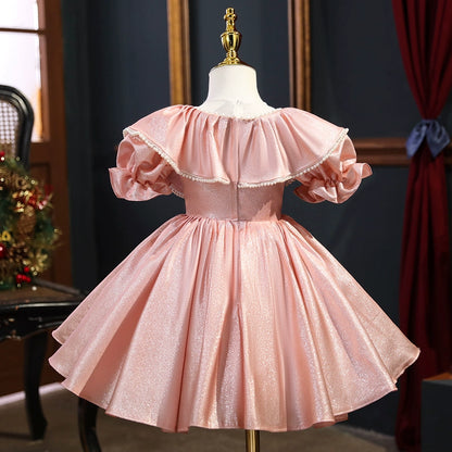 Princess Pink Satin Back Zip Baptism Beaded Tea Length Short Sleeve Puff Sleeve Scoop Flower Girl Dress