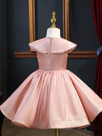 Princess Pink Satin Back Zip Baptism Beaded Tea Length Sleeveless Cap Sleeve Round Flower Girl Dress