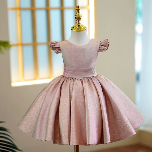 Princess Pink Satin Back Zip Baptism Bow(s) Tea Length Short Sleeve Cap Sleeve Round Flower Girl Dress