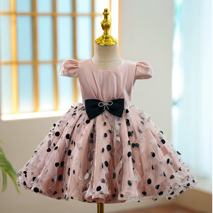 Princess Pink Satin Back Zip Baptism Bow(s) Tea Length Short Sleeve Cap Sleeve Scoop Flower Girl Dress