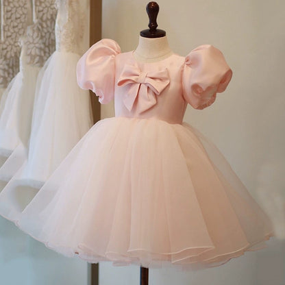 Princess Pink Satin Back Zip Baptism Bow(s) Tea Length Short Sleeve Puff Sleeve Round Flower Girl Dress