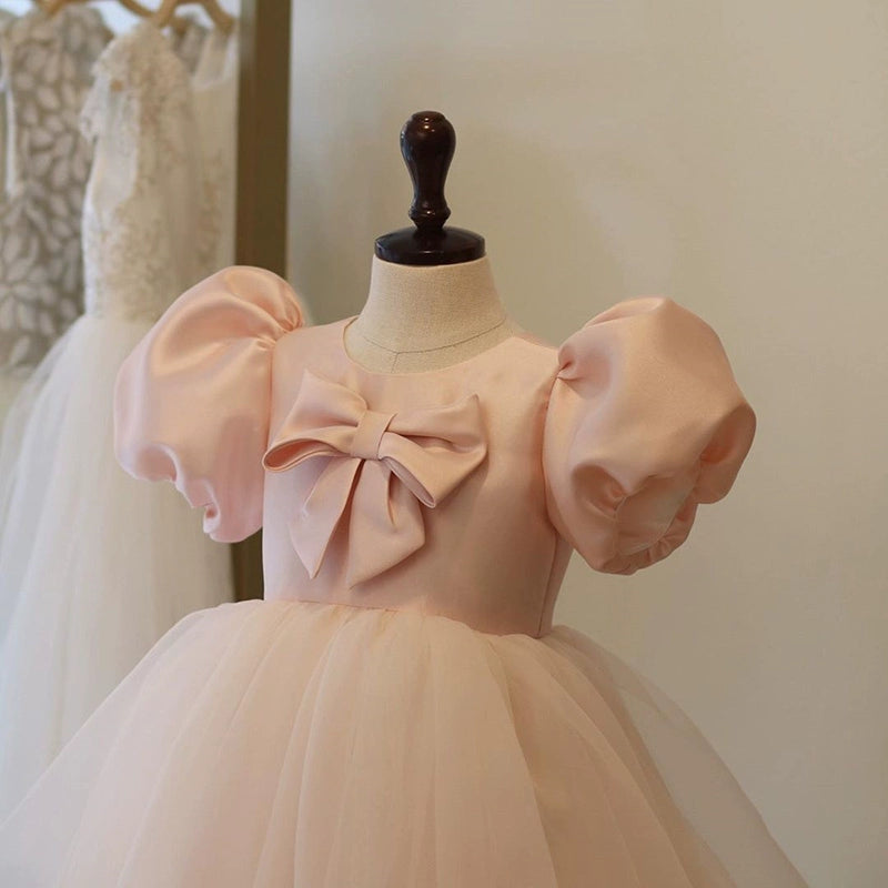 Princess Pink Satin Back Zip Baptism Bow(s) Tea Length Short Sleeve Puff Sleeve Round Flower Girl Dress