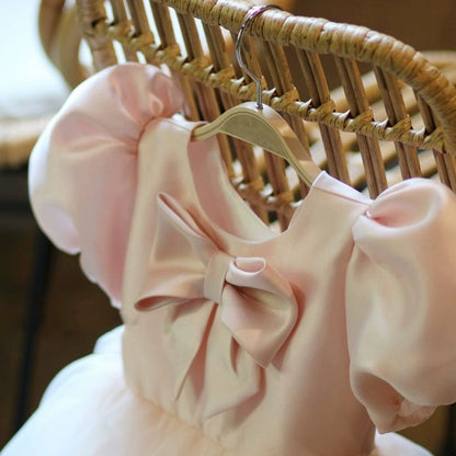 Princess Pink Satin Back Zip Baptism Bow(s) Tea Length Short Sleeve Puff Sleeve Round Flower Girl Dress